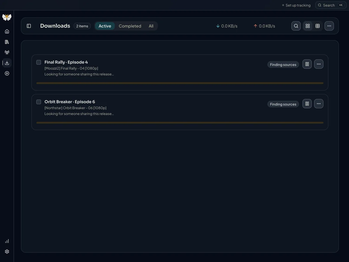 Kioku Downloads with Active, Completed and All filters and two transfers, Final Rally episode 4 and Orbit Breaker episode 6, both showing the Finding sources status with pause and more actions