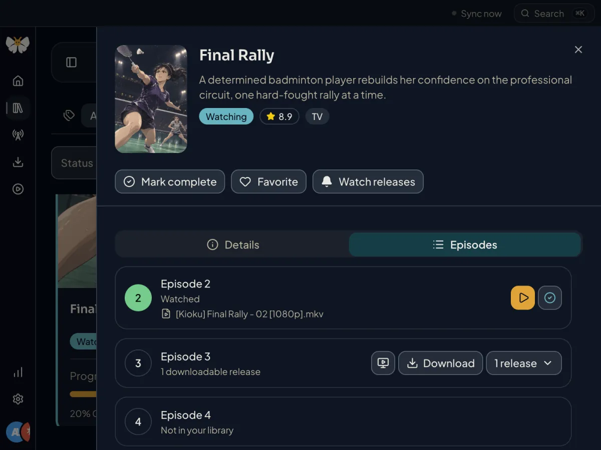 Kioku Final Rally episode view showing a watched episode, episode 3 available to download, and episode 4 missing from the library