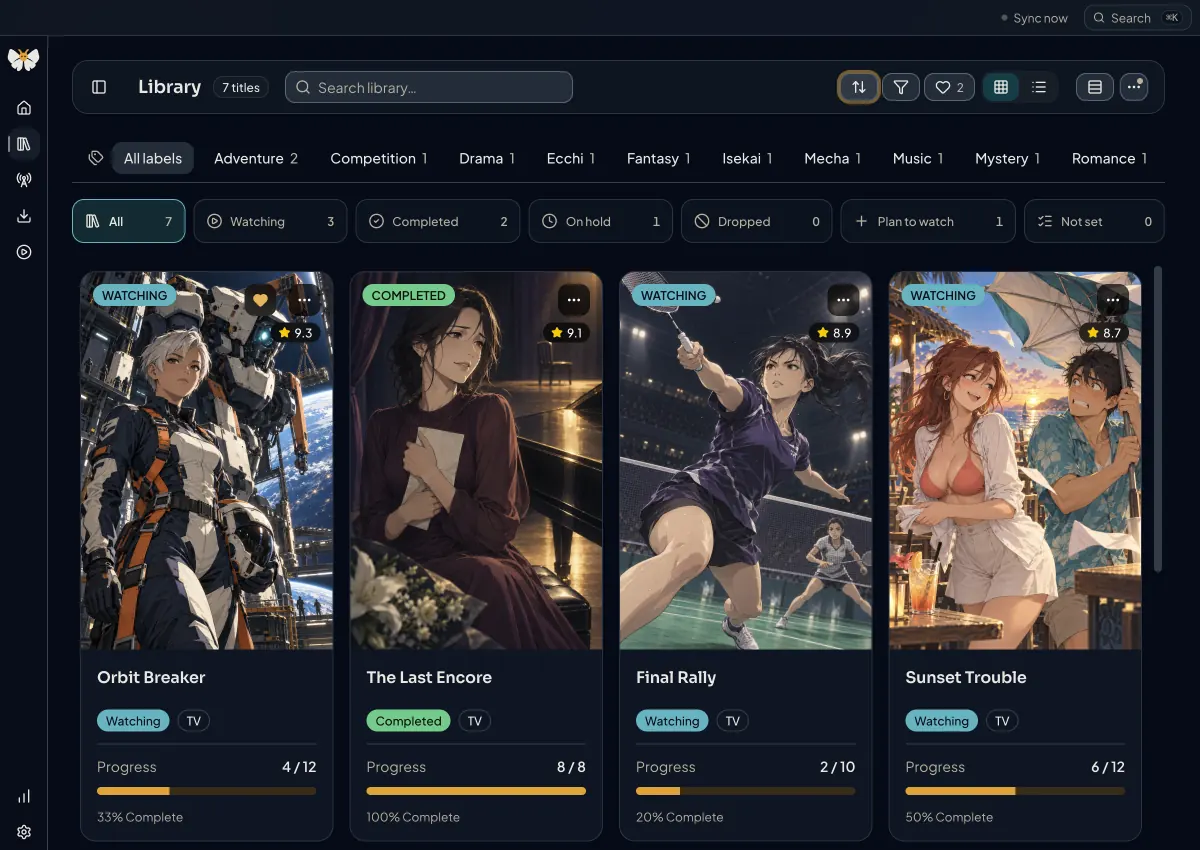 Kioku Library showing mecha, drama, sports, and romantic-comedy covers with genre labels, watch statuses, and episode progress