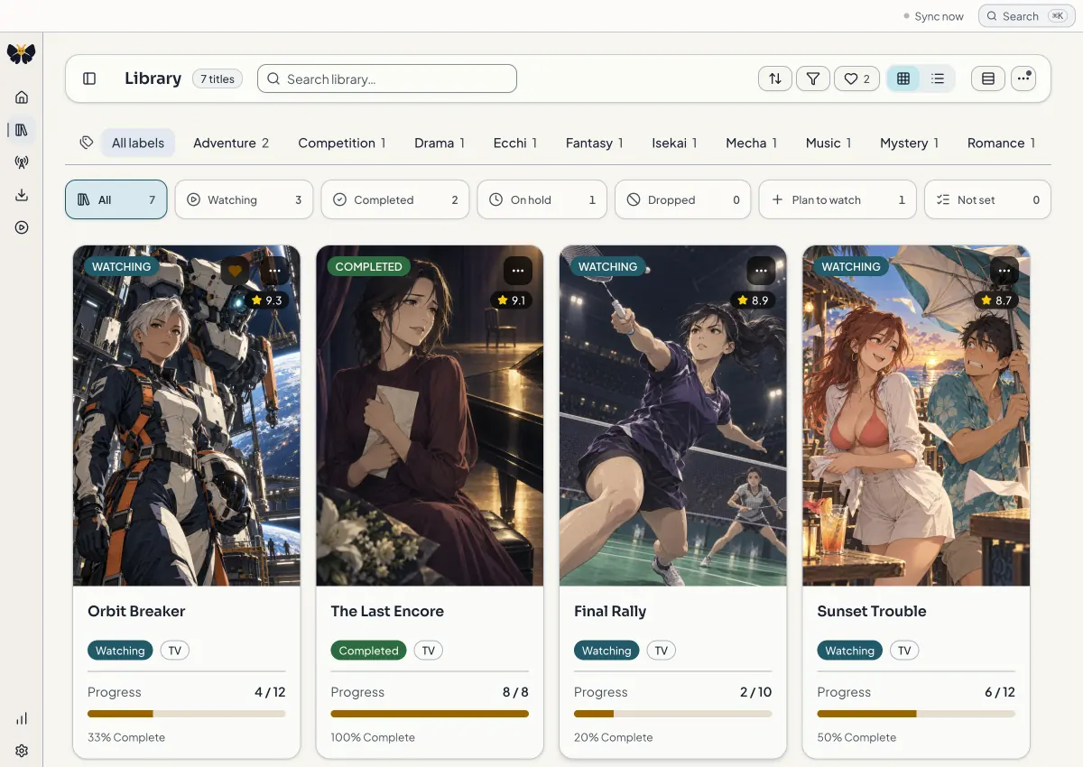 Kioku Library showing mecha, drama, sports, and romantic-comedy covers with genre labels, watch statuses, and episode progress