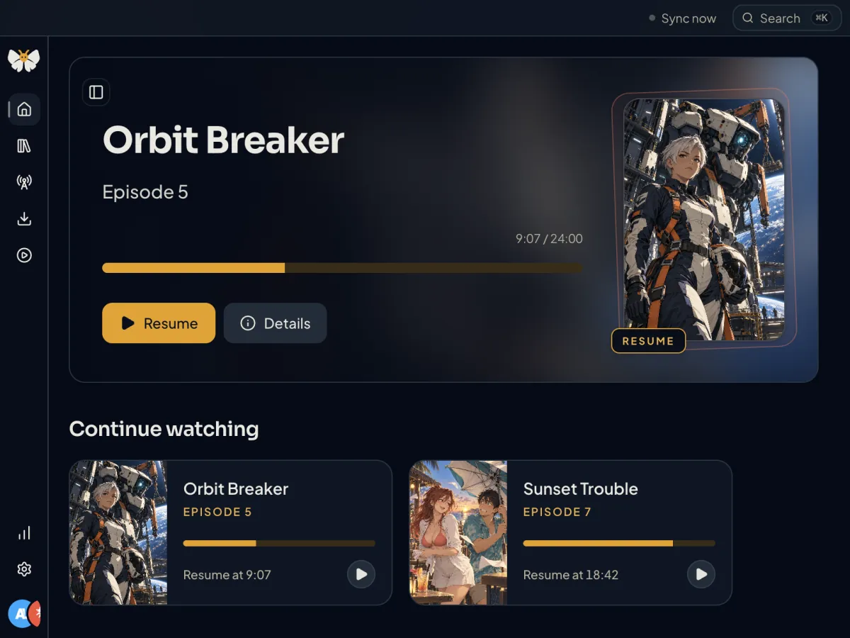 Kioku Home with Orbit Breaker episode 5 ready to resume at 9:07 and two Continue watching cards with saved positions