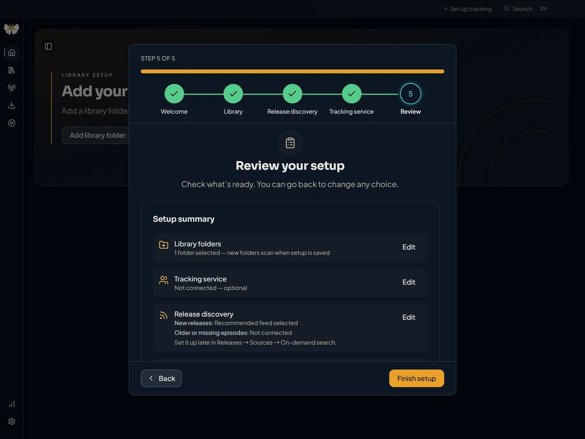 Kioku setup assistant on step 5 of 5, Review your setup, summarising one library folder, no tracking service, and the recommended release feed, with Back and Finish setup