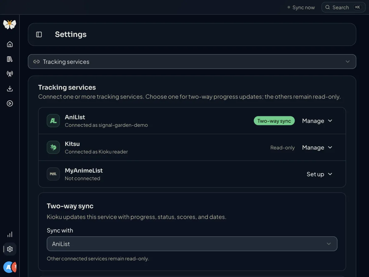 Kioku Tracking services with AniList connected for two-way sync, Kitsu connected as Read-only, and MyAnimeList available to connect